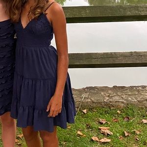 navy dress, open back with tie, v-neck with lace pattern, thin durable straps